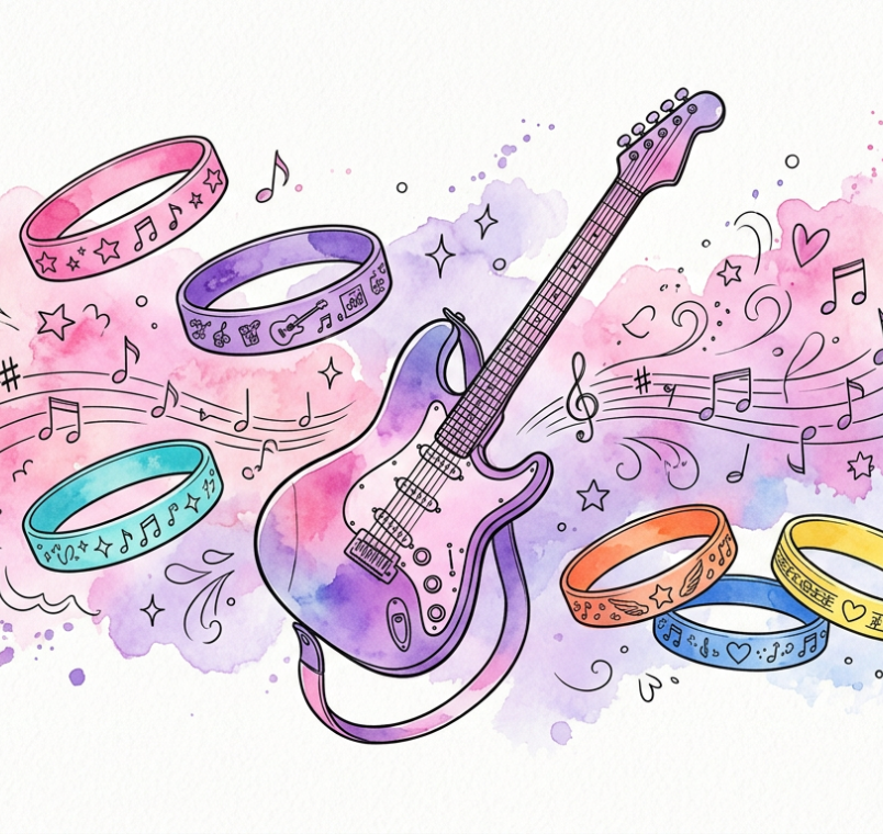 ラバーバンドとギターが描かれた Vaultune の水彩イラスト